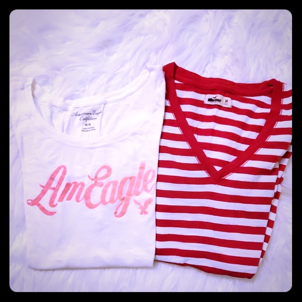 American Eagle, Hollister long sleeve bounde of 2 women's tops white red pink M